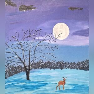 16 x 20 Original big moon and baby deer acrylic canvas painting with tree